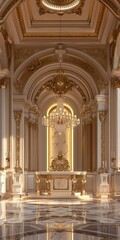 Obraz premium Stunning baroque interior featuring opulent gold accents, a grand chandelier, and intricate architectural details in a lavish palace setting.