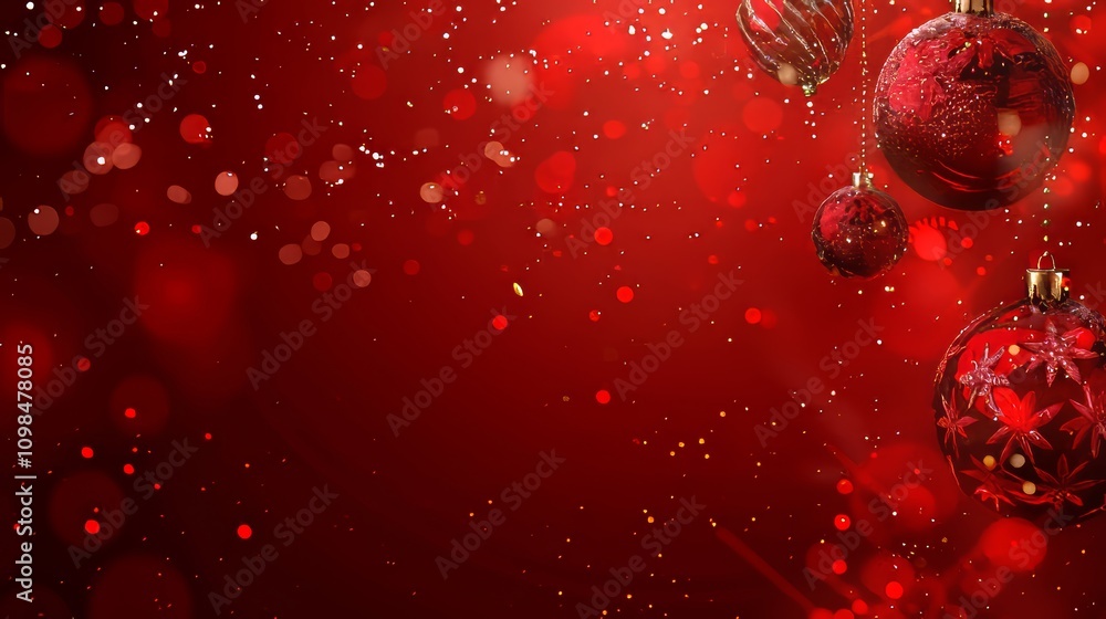 Poster a red background with three red balls on it. the background is blurry. the balls are hanging from th