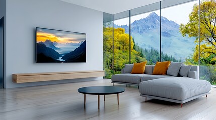 The modern minimalist living room features a sleek, low profile sofa positioned directly in front of a minimalist TV wall