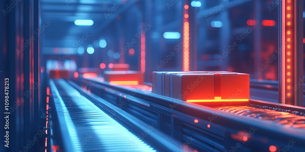 Poster automated efficiency: a mesmerizing glimpse into a futuristic production line, where glowing red box