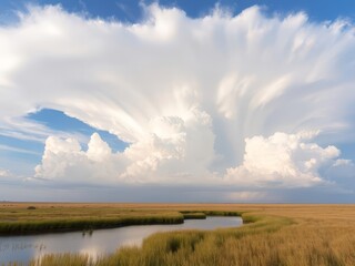 Obraz premium A forest with a lake and a large, fluffy white cloud in the sky above