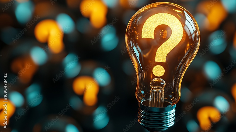 Poster a glowing light bulb shaped as a question mark stands out against a blurred background of similar sy