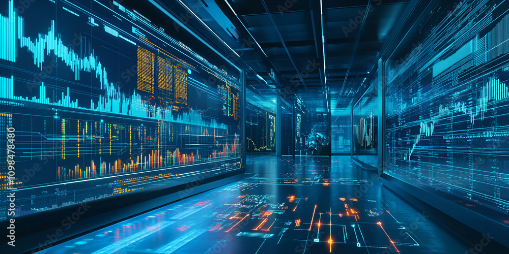 Poster data visualization: a futuristic hallway illuminated by glowing data visualizations, highlighting th