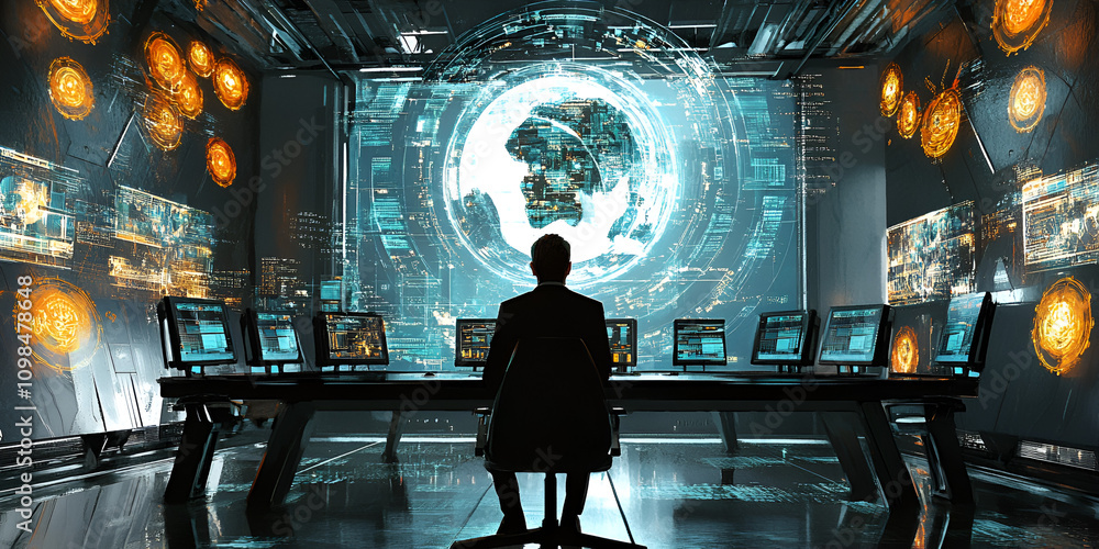 Poster global surveillance: a lone figure sits before a vast array of monitors displaying a holographic ear