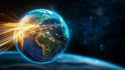 Obraz premium The image depicts Earth in space with a network of vibrant fiber optic lines connecting various continents