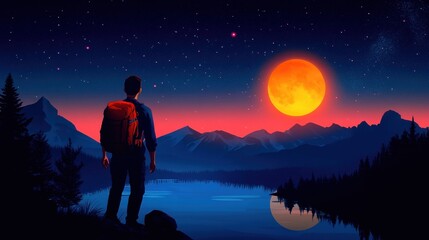 Fototapeta premium A lone hiker gazes at a breathtaking moonlit landscape by the lake, surrounded by mountains and starlit sky.