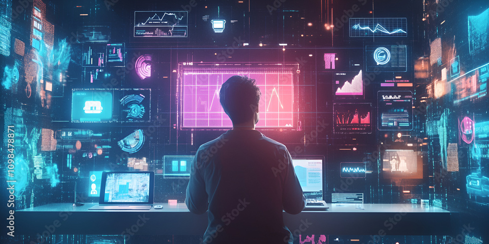 Aufkleber navigating the digital landscape: a lone figure stands in a futuristic, neon-lit room, surrounded by