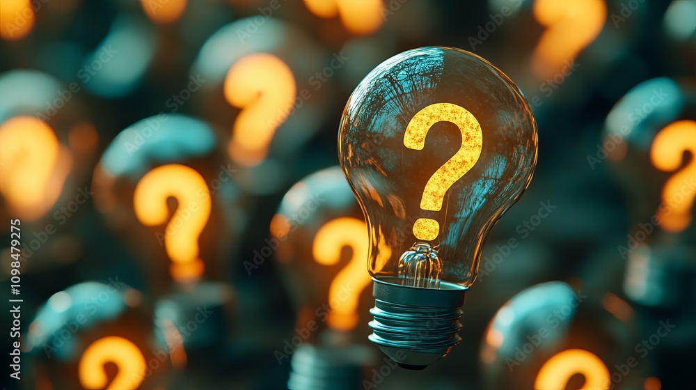 Poster a glowing light bulb with a question mark illuminated inside, symbolizing curiosity and innovation i