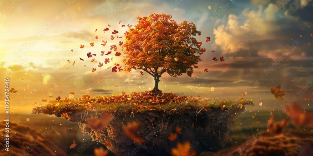 Poster a tree is on a hill with leaves falling from it. the leaves are scattered all around the tree, and t