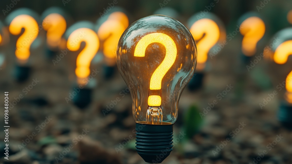 Poster a close-up of a glowing light bulb with a question mark, surrounded by softly illuminated bulbs in a