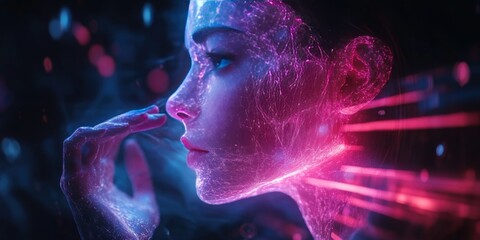 Naklejka premium Neon Woman Digital Art Cosmic Face Portrait