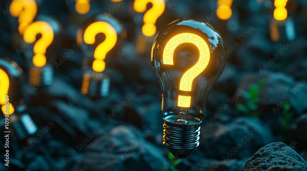 Poster a close-up of a glowing light bulb with a question mark, surrounded by dark rocks and soft green fol