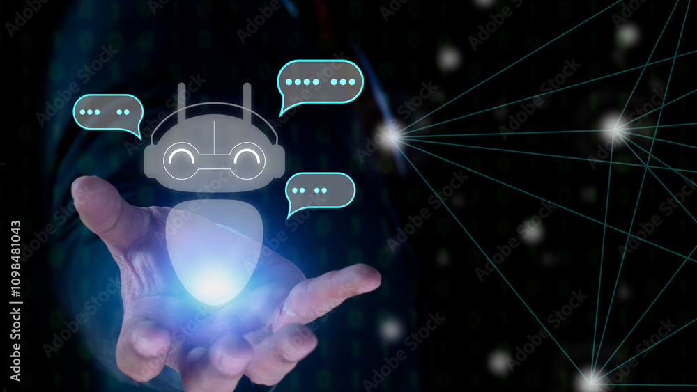 Poster businessman talking to ai artificial intelligence technology, chatbot and chat via smartphone, chatb