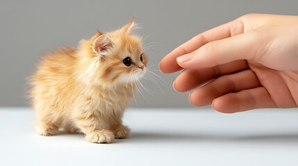 Adorable fluffy orange kitten curiously reaching out to a gentle human hand, capturing a moment of tenderness and connection between pet and owner in minimalistic setting