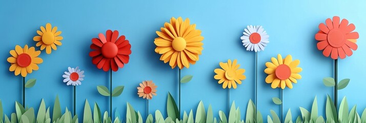 Obraz premium Colorful paper flowers arranged on a vibrant blue background, displaying creative art and nature themes.