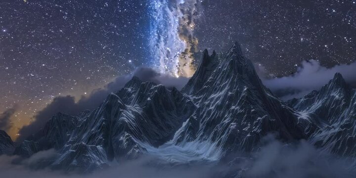 Majestic mountain peaks under a starry night sky, 4K Video