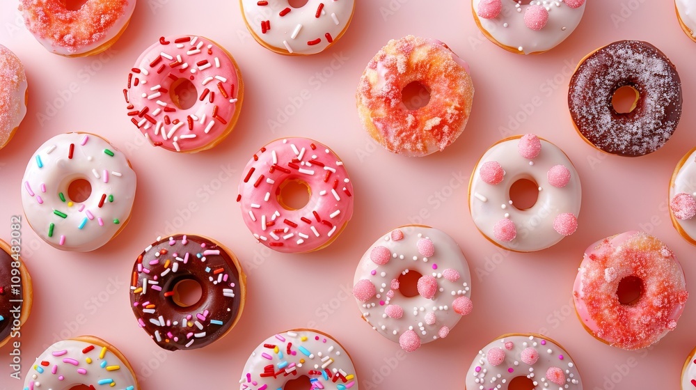 Poster a vibrant assortment of donuts with various toppings and sprinkles displayed on a pink background in
