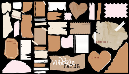 A collection of torn paper scraps, vintage textures, handwritten words, and shapes, perfect for creative journaling or digital design projects. Vector illustration