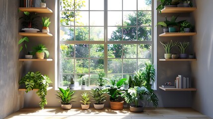 Garden window with built-in shelves and plants