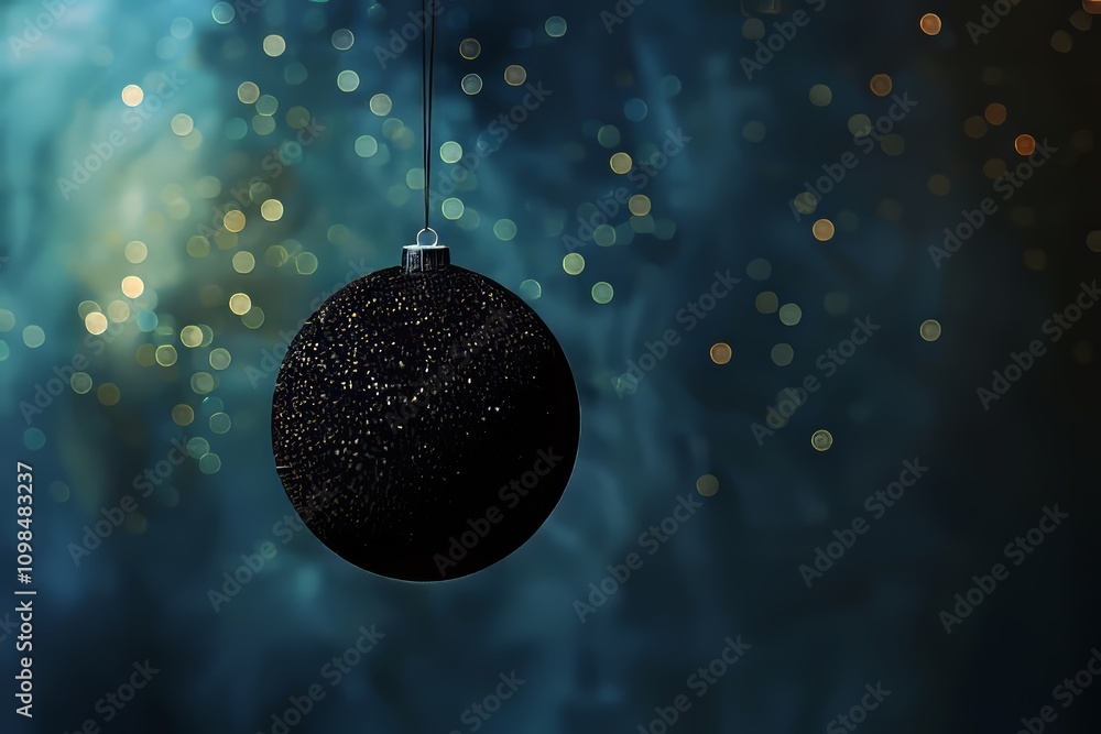 Poster a black christmas ornament hanging from a string. the ornament is hanging from a string that is atta