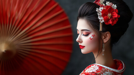 Beautiful geisha maiko girl, with white and red makeup and floral face art, with Japanese umbrella,