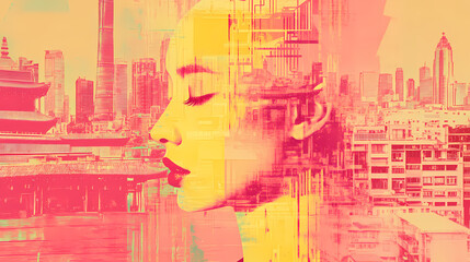Obraz premium Generative ai, retro grunge pink and yellow collage poster with asian cityscape, different mixed textures. Retro. Illustration
