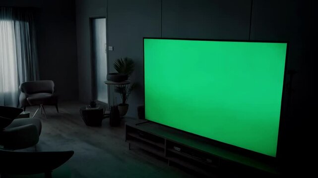An interior tv room, a single large screen tv has blank green screen