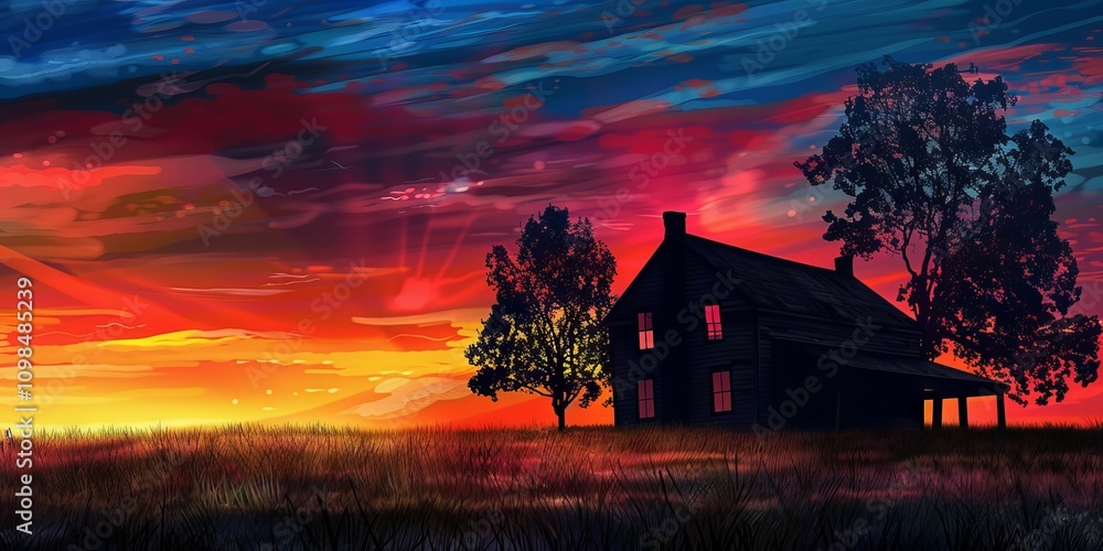 Poster a house is in the middle of a field with trees in the background. the sky is orange and the sun is s