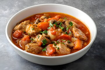Fototapeta premium A hearty Veau Marengo with tender veal in rich tomato sauce, garnished with herbs, served in a modern dish on a sleek countertop
