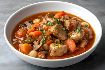 Fototapeta premium A hearty Veau Marengo with tender veal in rich tomato sauce, garnished with herbs, served in a modern dish on a sleek countertop