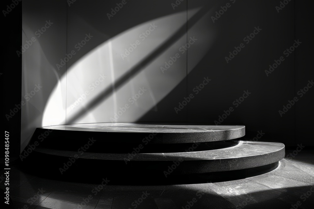 Poster a striking black and white image of a circular stage illuminated by a spotlight, creating a dramatic