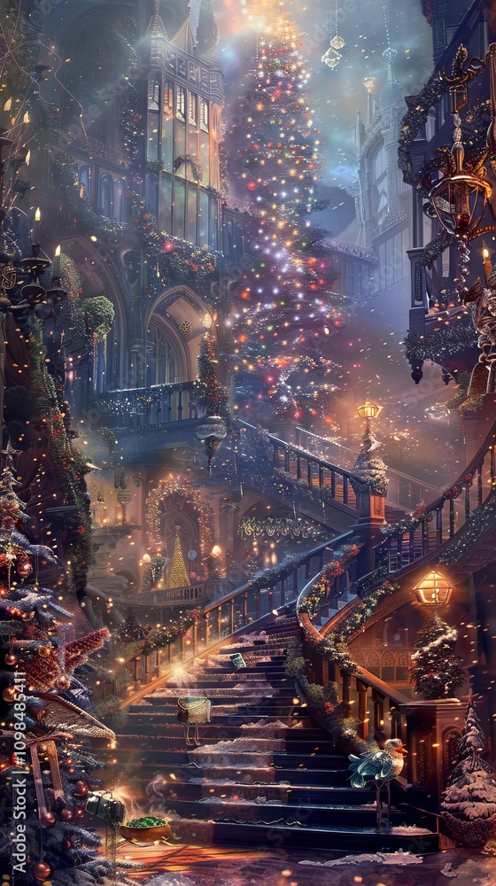 Poster a christmas scene with a large tree and a staircase leading up to it. the scene is set in a city wit