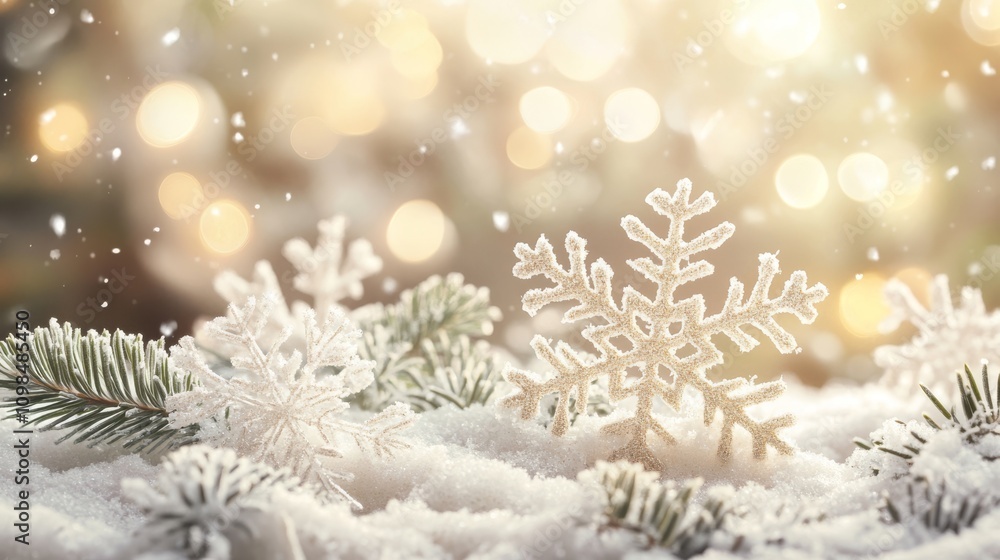 Poster delicate snowflakes rest on pine branches, creating a serene winter scene with a warm golden bokeh b