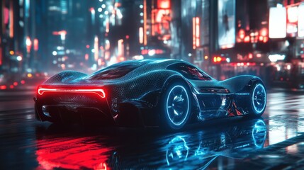 Fototapeta premium Futuristic Sports Car at Night Cityscape