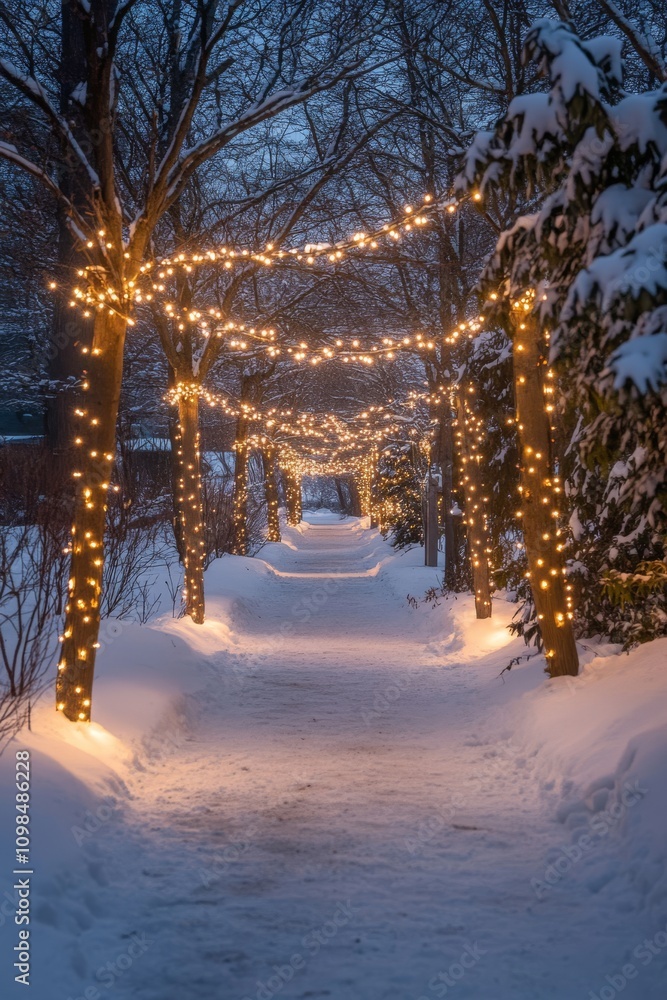 Poster a magical winter scene of a snow-covered path lined with trees adorned with twinkling lights, creati