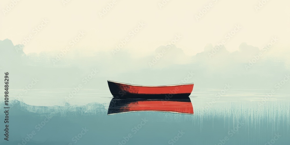 Poster a red boat is floating on a lake. the water is calm and the sky is cloudy. the boat is the only obje