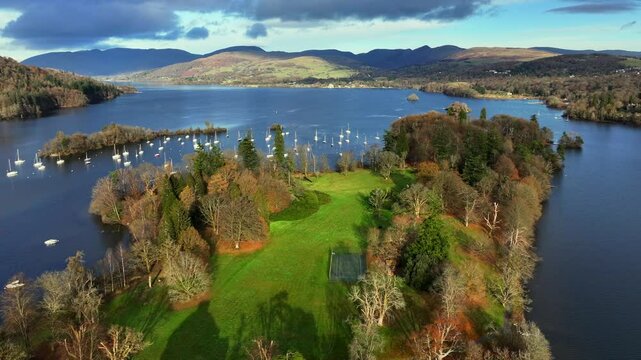 Autumnal aerial video of Wendemire lake in Cumbria - United Kingdom. 