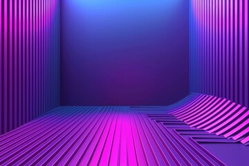 Abstract 3D rendering of a room with purple and pink neon lighting and striped walls.