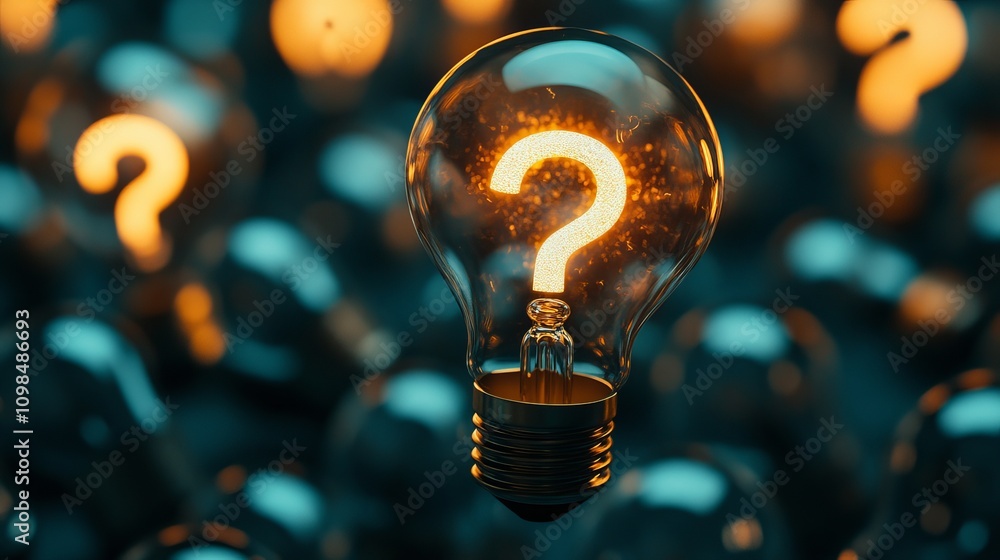 Poster a glowing light bulb with a question mark inside, surrounded by dimly lit bulbs. this image symboliz