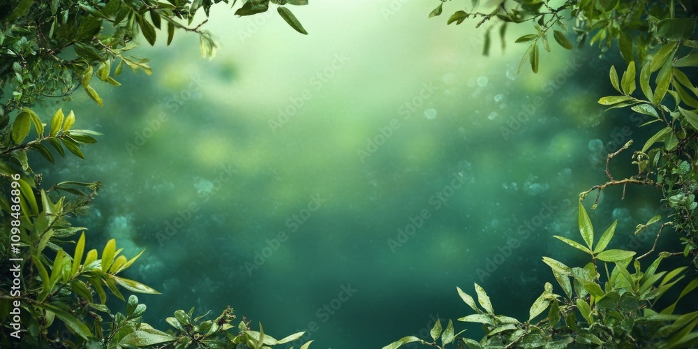 Poster a green background with leaves and branches. the background is blurry. there is a tree in the backgr