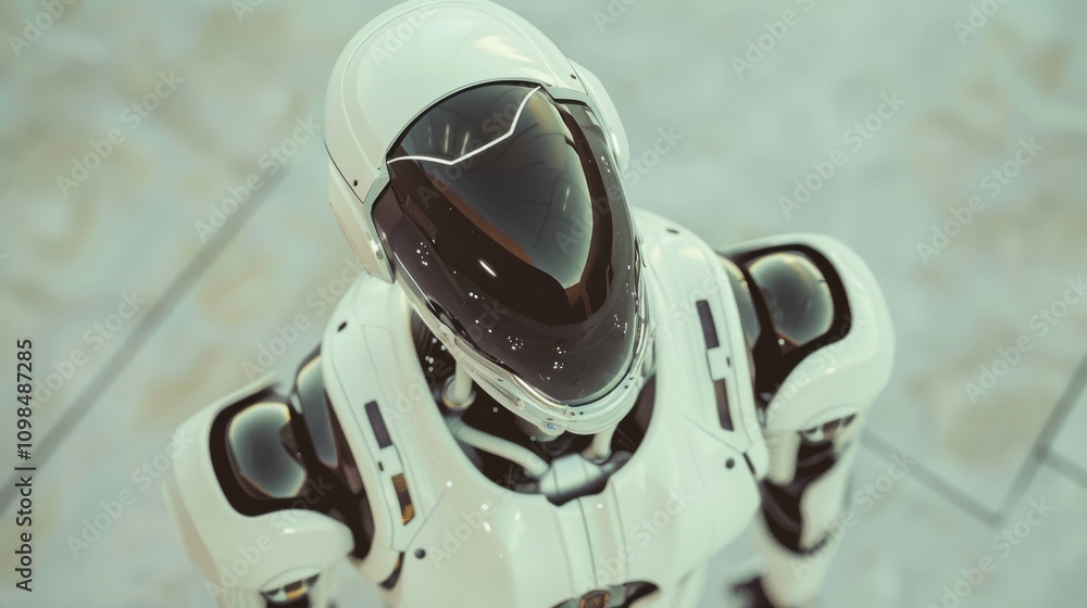 Poster a sleek, futuristic white robot viewed from above, showcasing advanced technology and innovation in 