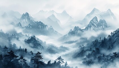 Obraz premium Watercolor Oriental Style Mountain Landscape Wall Art Design