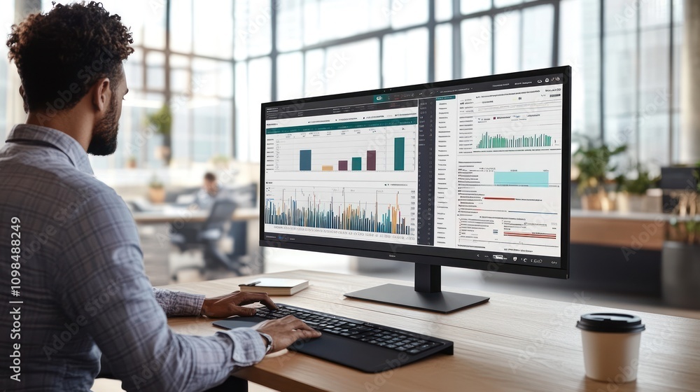 Poster person analyzing data on a computer in a modern office.
