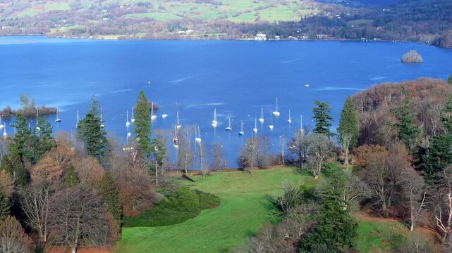 Autumnal aerial video of Wendemire lake in Cumbria - United Kingdom. 