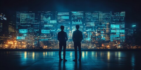 Fototapeta premium Two individuals stand captivated by colorful digital projections illuminating the urban landscape, reflecting the pulse of technology and innovation