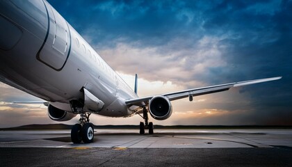 Naklejka premium fuselage of airplane with door and windows plane against moody sky