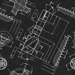 Mechanical engineering drawings on black background. Tap tools, borer. Technical Design. Cover. Blueprint. Seamless pattern. Vector illustration.