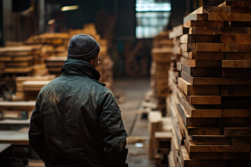 A carpenter in a woodworking shop for plywood production, showcasing the large stock of goods.