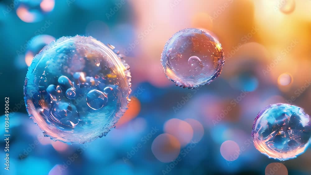 Poster Vibrant floating bubbles in liquid with orange and blue highlights, creating an abstract and dreamy visual