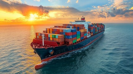 A large cargo ship navigates the serene ocean waters under a breathtaking sunset, with brightly colored containers stacked high against the warm sky